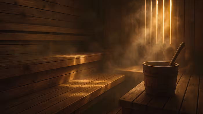 Traditional wooden sauna with ladle and bucket on sauna benches